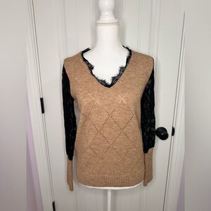 Elegant Tan and Black Women's Sweater with Lace Sleeves